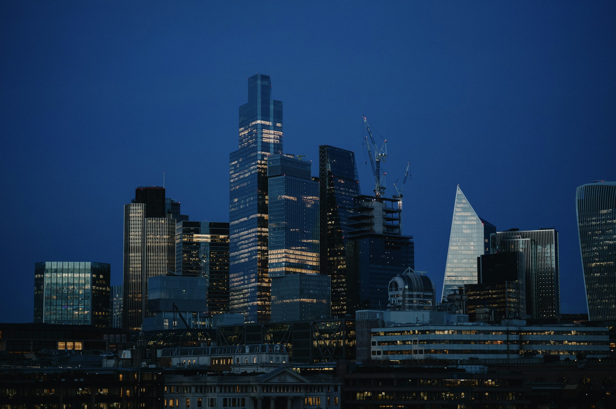 London’s modern skyline at twilight, viewed across the River Thames